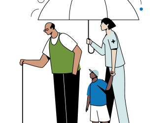 nemt program man under umbrella with nurse and baby illustration