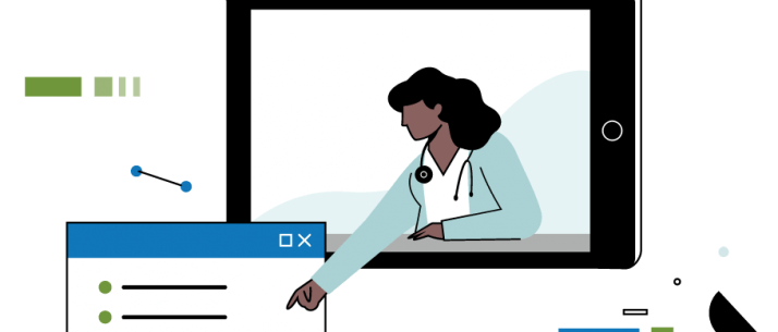 woman leaning out of ipad to point at medical chart illustration