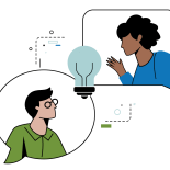 two people in speech bubbles with light bulb in middle
