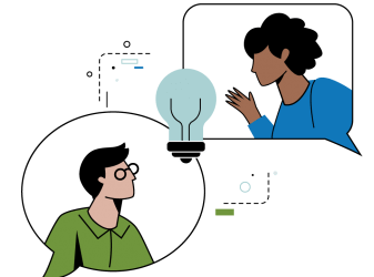 two people in speech bubbles with light bulb in middle