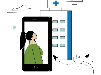 woman in a phone looking at a hospital organization
